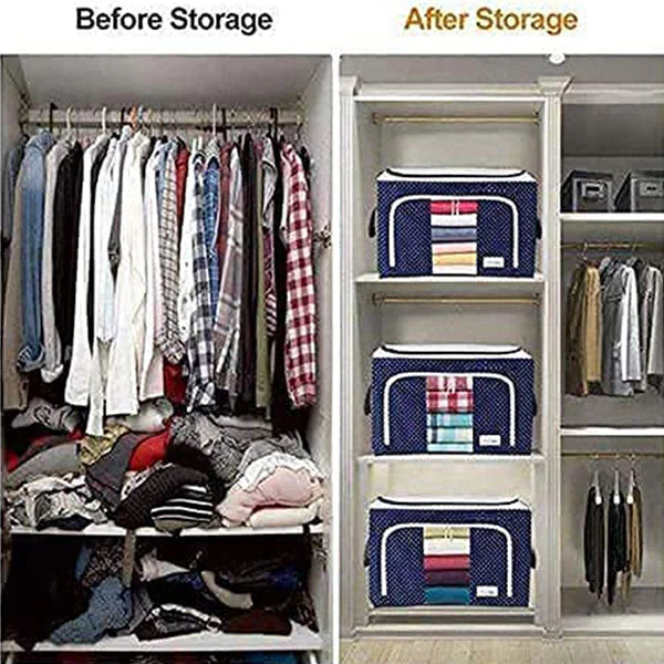 Storage Bags Box Organizers with Steel Frame for Comforter, Bedding, Clothes - Anti-dust, Moisture-Proof Storage Box with Clear Window (Pack of 3)